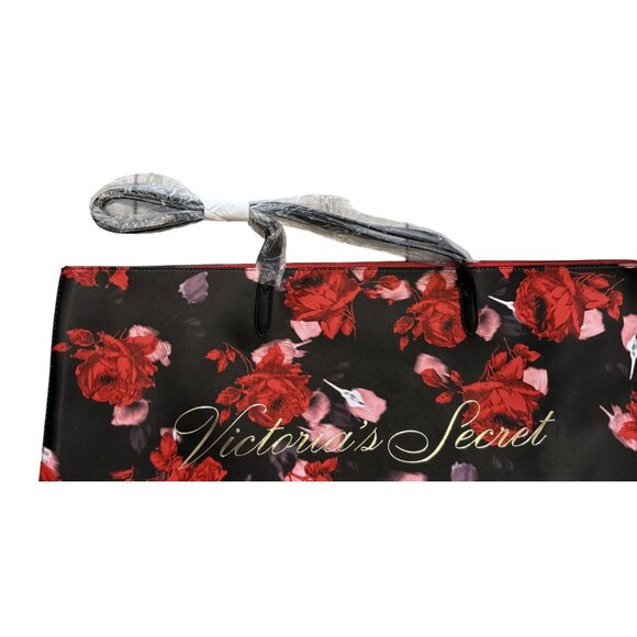 Victorias Secret Black Red Floral Open Tote Bag With Gold Logo Weekender - Picture 3 of 6